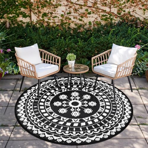 Capslpad Round Outdoor Rug for Patio ø150cm Reversible Mat Waterproof Plastic Straw Rug Boho Round Indoor Outdoor Area Carpet for RV,Backyard,Balcony,Deck,Tent,Picnic,Beach,Camping,w/Carry Bag