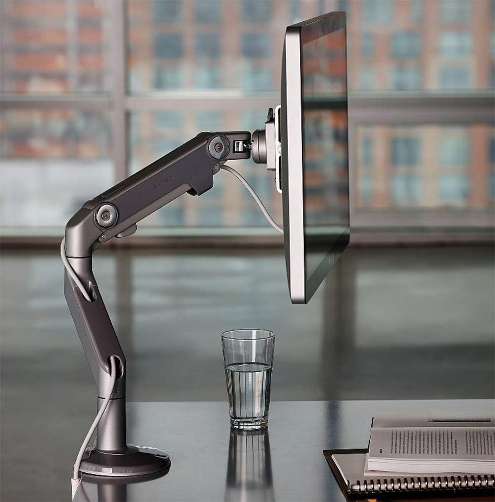 Humanscale M8 Adjustable Articulating Computer Monitor Arm - Both Mounts Clamp and Bolt Through Mount with Base - Silver with Gray Trim