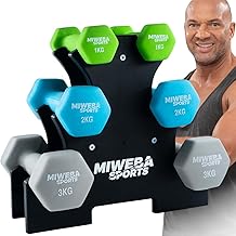 Miweba Sports Hanteln Set Neopren & Vinyl NKH120 - Kurzhantel Set 2 x 1 kg | 2 x 2 kg | 2 x 3 kg |  Hantel Gewichte - Hexagon Kurzhanteln inkl. Hantelständer - Hantelset - Kurzhantelset
