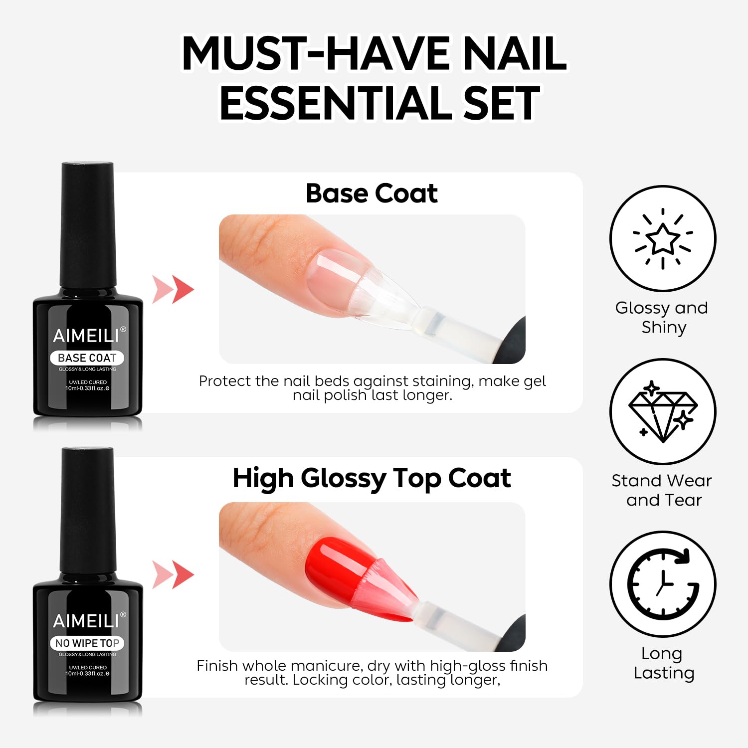 AIMEILI Nail Prep i podkład i lakier nawierzchniowy do żelu, dehydratora i podkładu i lakieru półtrwałego do paznokci zestaw 4 x 10 ml