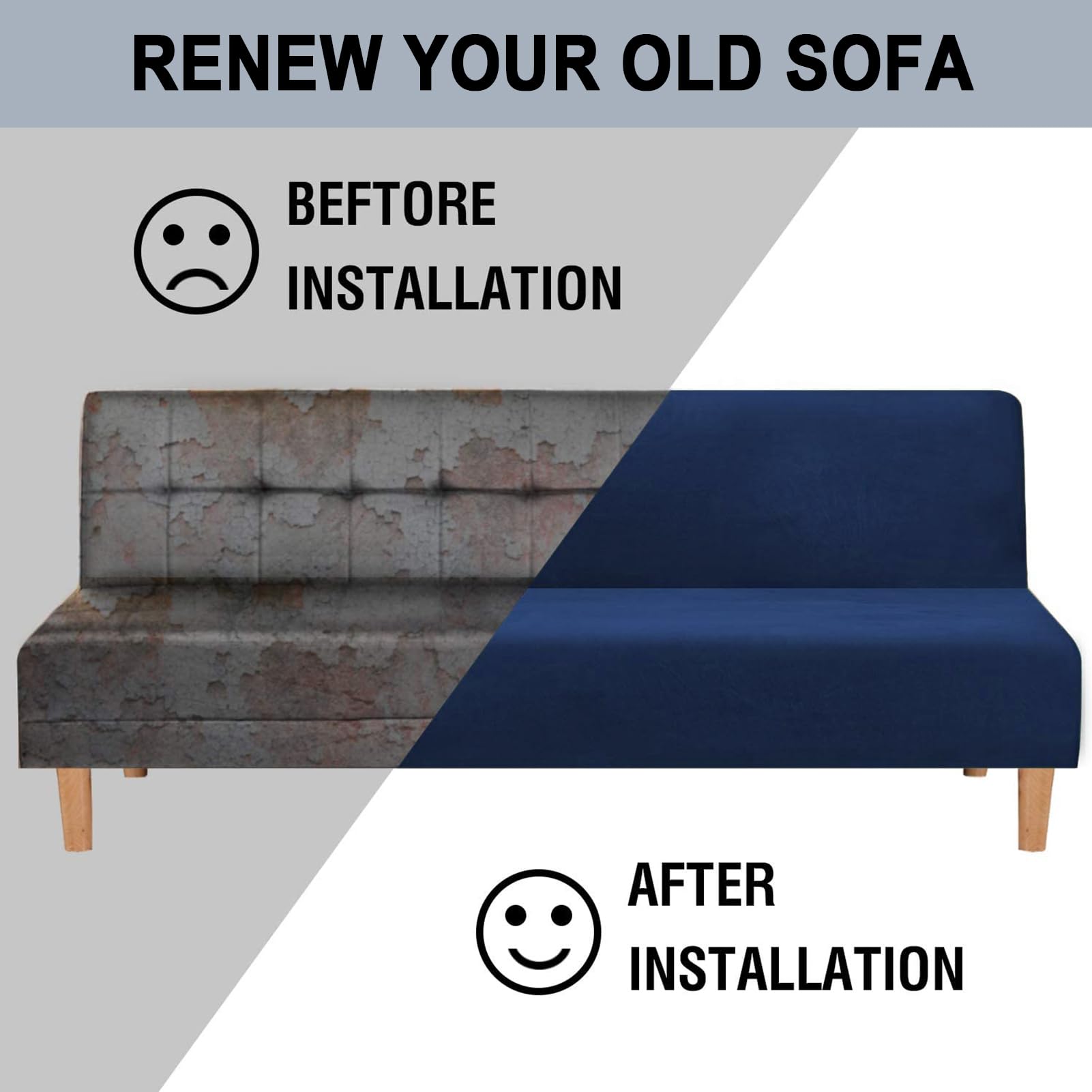 Sofá Cama sin Reposabrazos | Funda Elástica de Terciopelo | Protector Antideslizante y Lavable | con Ajuste Universal y Compatibilidad Plena (Azul Marino)