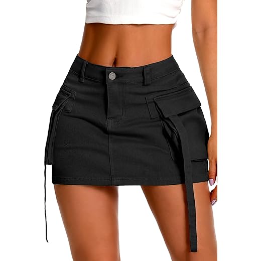 ELLEVEN High Stretch Denim Cargo Skirt for Women, Low Waist Y2k Mini Jean Skirt Cute Skirt with Pockets