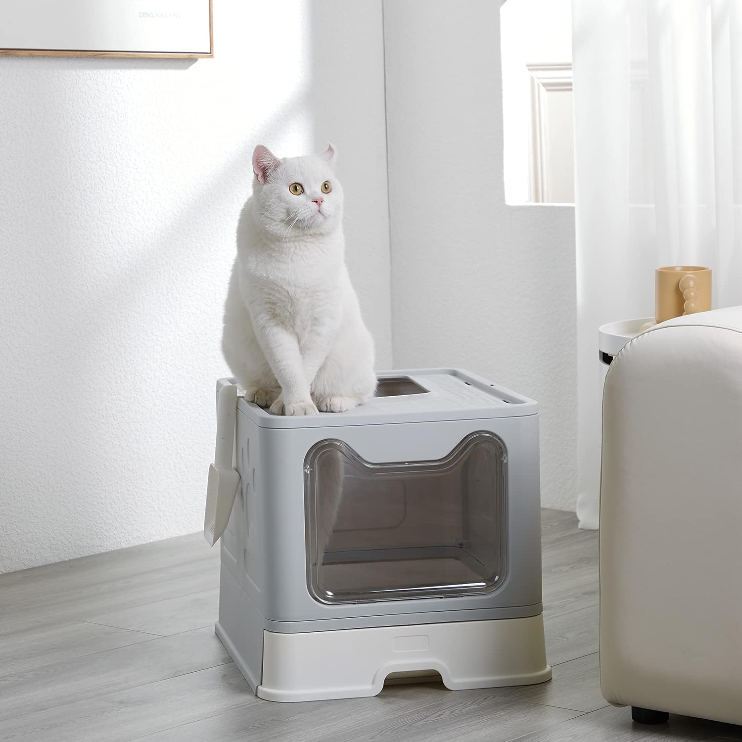 Vealind Foldable Cat Litter Box with Lid Front Entry & Top Exit XXL Extra Large Space Covered Kitty Litter Boxes Enclosure Toilet (Gray)