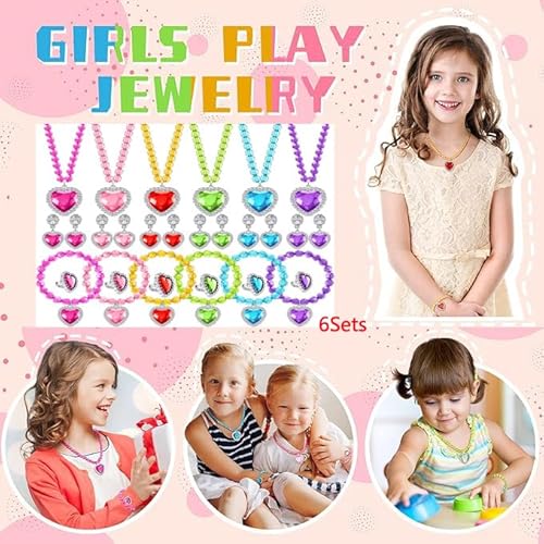 6 Sets Anziehschmuck, Schmuck Prinzessinnen-Spielzeug mit Armband, Halskette, Ring und Ohrringen, Cosplay-Schmuckset für Partys