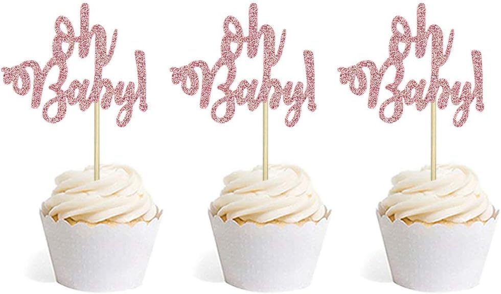 Rose Gold Glitter Oh Baby Cake Cupcake Toppers Picks for Baby Shower Birthday Wedding Party Decorations 24 PCS