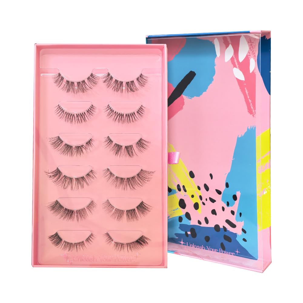 Natural False Eyelashes Set, 6 Styles, Reusable Handmade Lashes with Pink Storage Case, HUNHE2, 1 pair (Pack of 1)