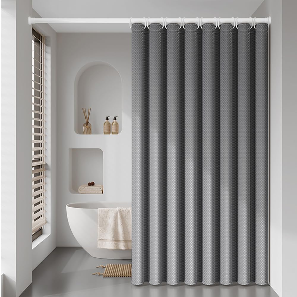 Cortina de ducha extra ancha impermeable de 200 x 180 cm, poliéster antimoho gris largo con textura de punto gofre, dobladillo lavable con peso para habitaciones húmedas