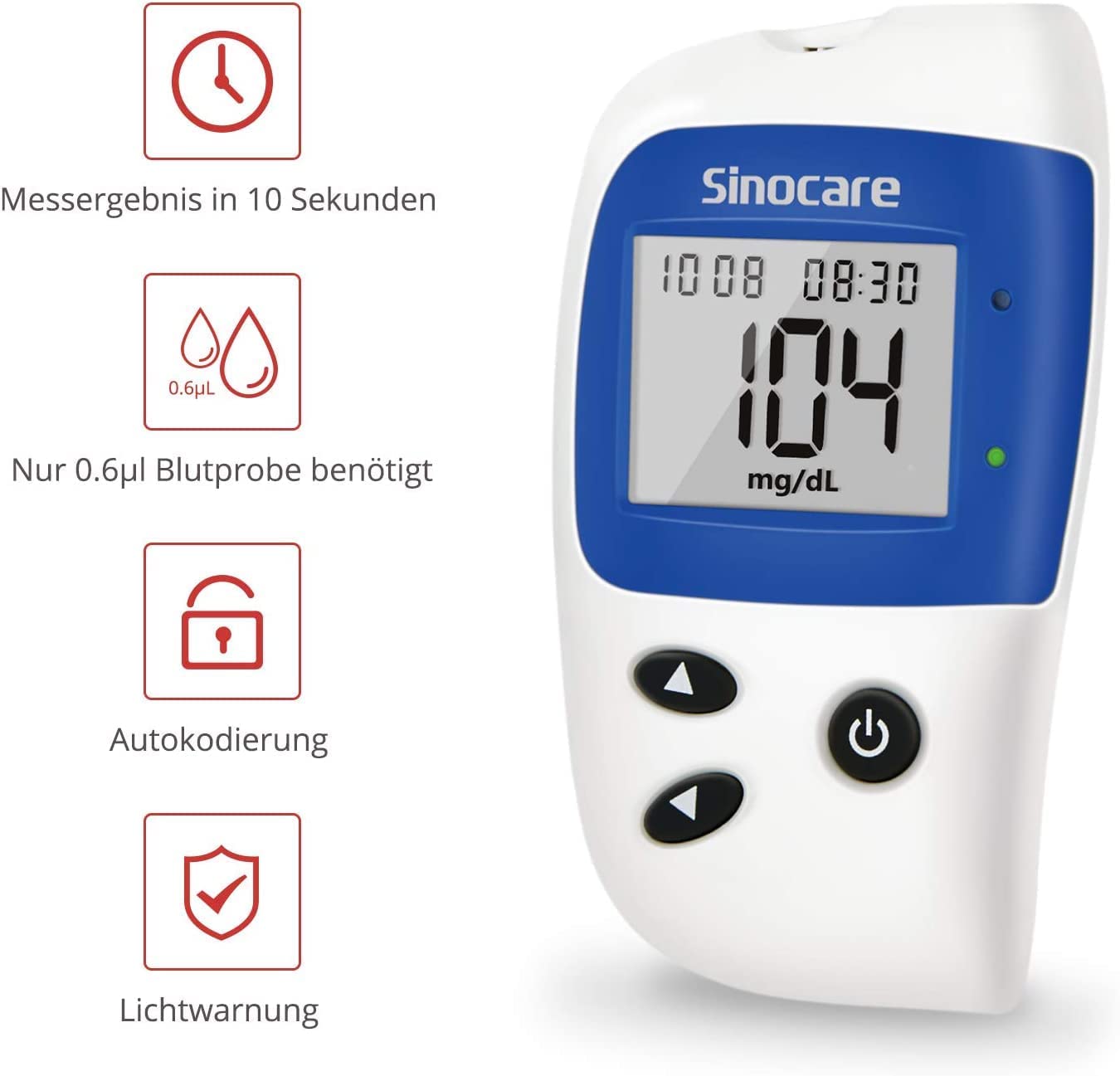 Sinocare Safe-Accu2 Blutzuckermessgerät mit 100 Teststreifen und 100 Lanzetten: Klinisch validiert, schmerzfrei, mit Alarmfunktion und mg/dL-Messung (Safe-Accu2 Messgerät Set 100)