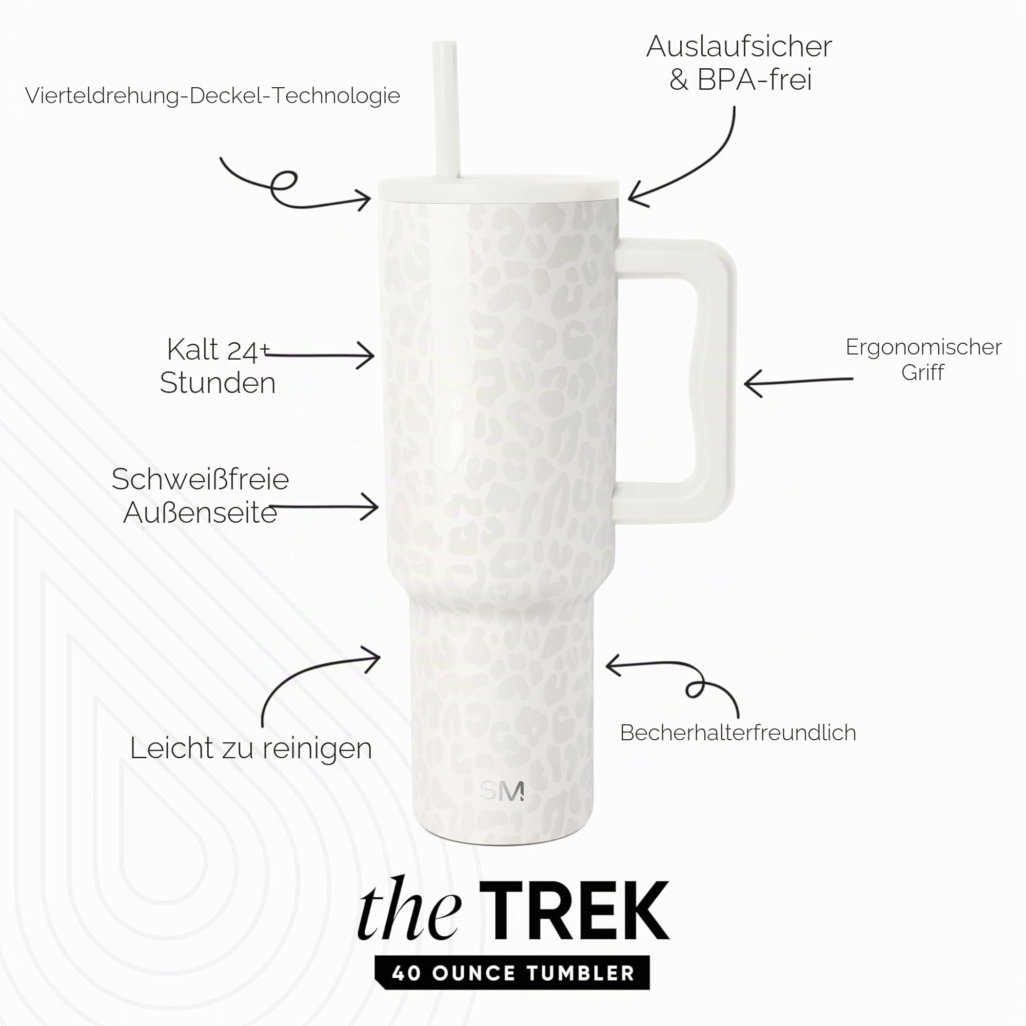 Simple Modern Thermobecher mit Strohhalm und Griff | Isolierter Edelstahl-Trinkbecher Eiskaffee-Reisebecher | Geschenke für Frauen und Männer | Trek | 1180ml | Cream Leopard
