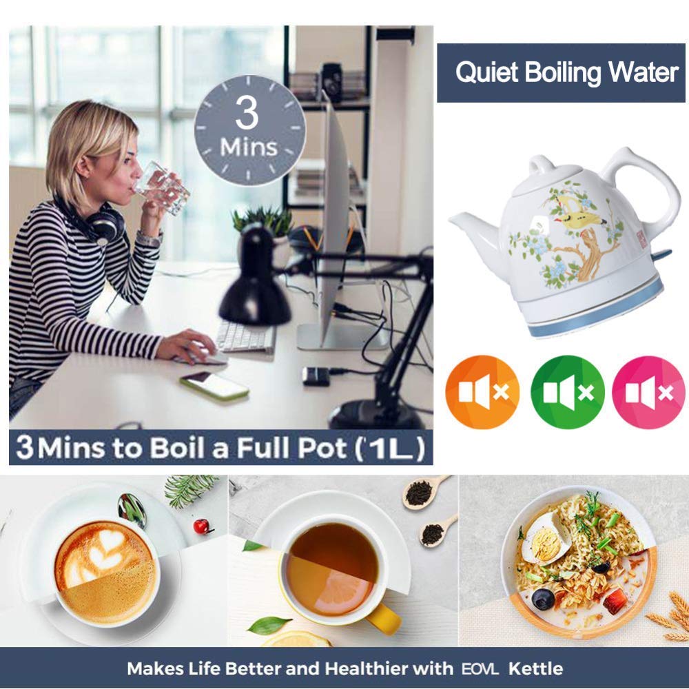 Bollitore Elettrico Portatile Bollitore in Ceramica Teiera-Brocca Retrò da 1 Litro, Base Rimovibile, Protezicontro L'Ebollizia Secco-1000W