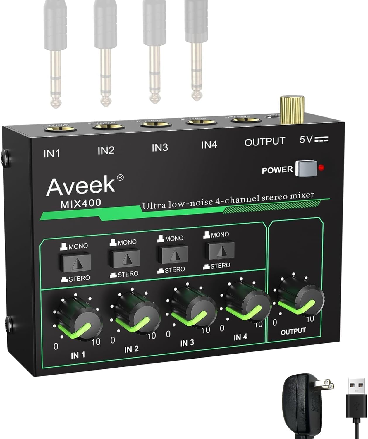 Aveek 4 Channel Mixer – Mini 4 Stereo Audio Mixer, Low-Noise for Precision Sub-Mixing,1/4″ TRS Input/Output Ideal for Mics/Guitars/Bass/Stage