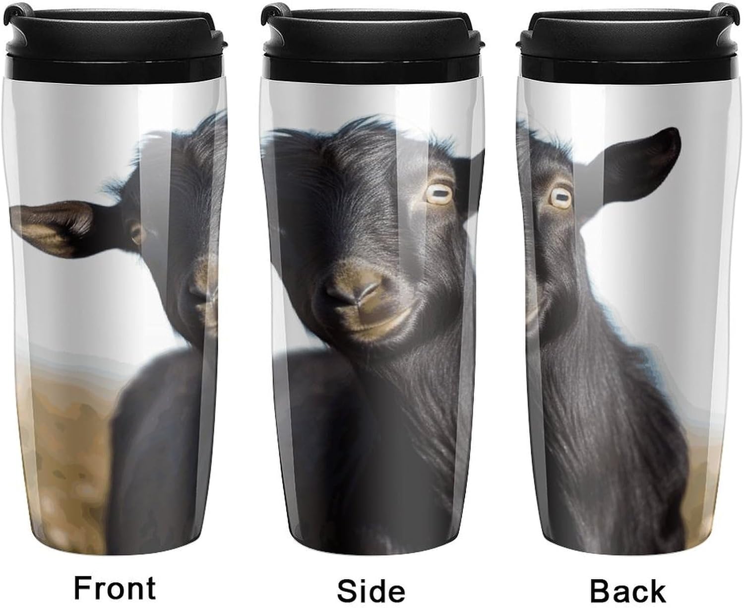 Cute Black Goat Animal Coffee Cup Reusable Portable Water Bottle with Double-Walled Plastic,Coffee Mug for Hot & Cold Drinks, Cup Holder Friendly 350ml
