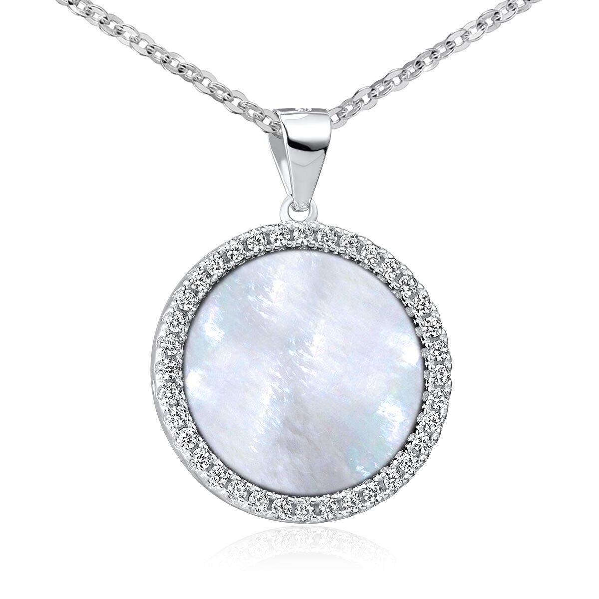 MATERIA Perlmutt Anhänger rund weiß - Kettenanhänger Silber 925 Damen mit Muschel, Zirkonia und Kette in Schmuckbox