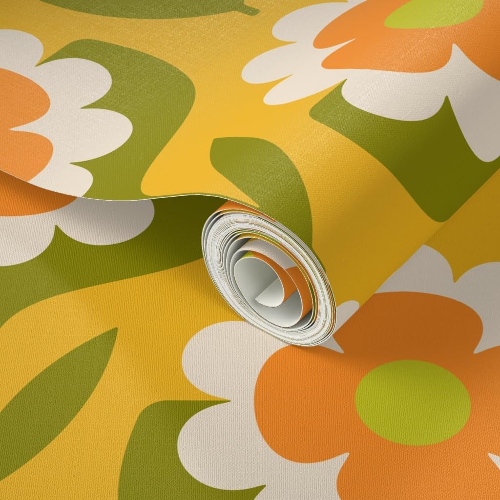 Peel & Stick Wallpaper 6ft x 2ft - Retro Floral Groovy Mid Mod Boho Bohemian MCM Midcentury Modern 1960S 1970S Yellow Green Orange Custom Removable Wallpaper by Spoonflower