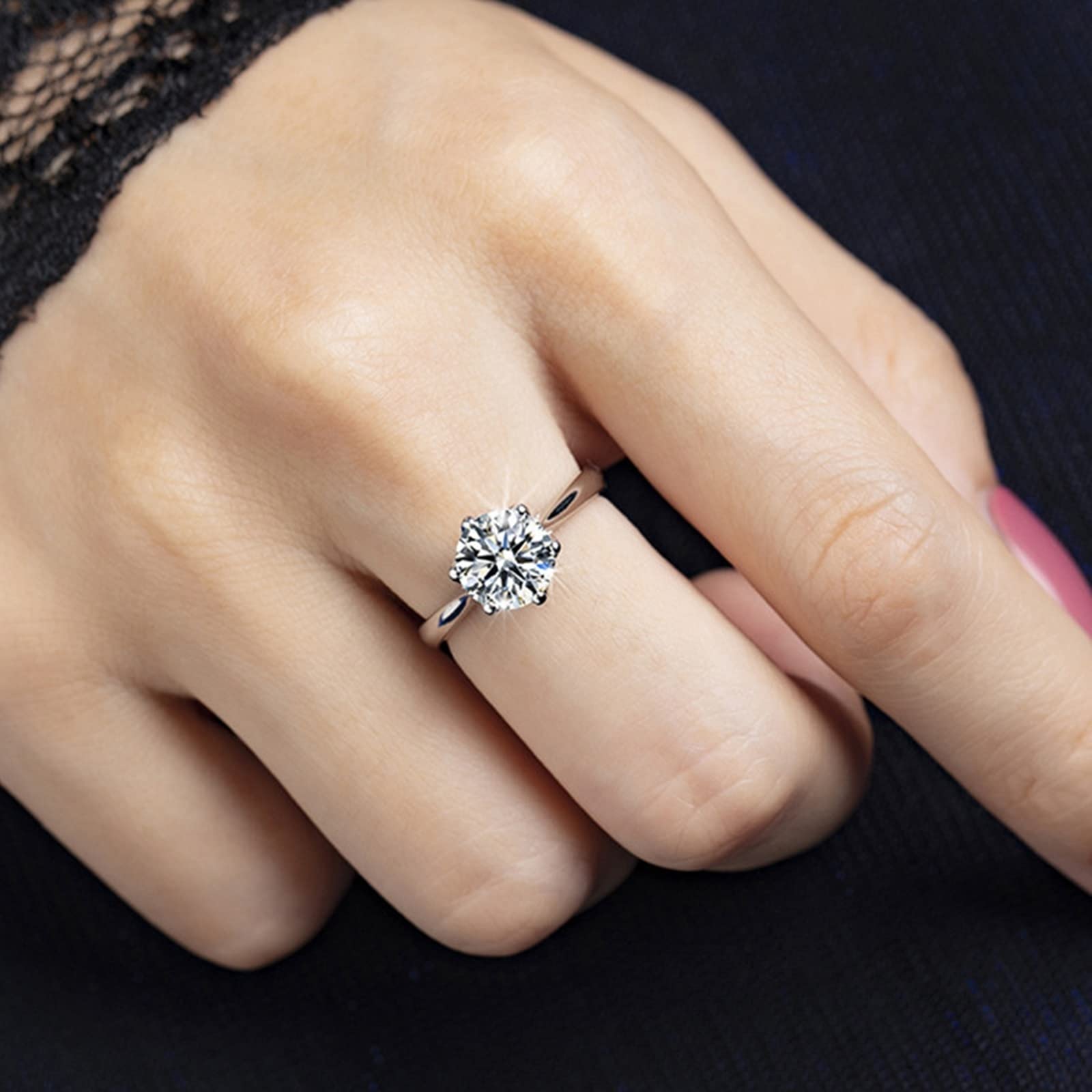 Anello di fidanzamento in oro bianco 18 carati, anelli di fidanzamento forma rotonda bianca sei artigli corona anelli moissanite regali per le donne