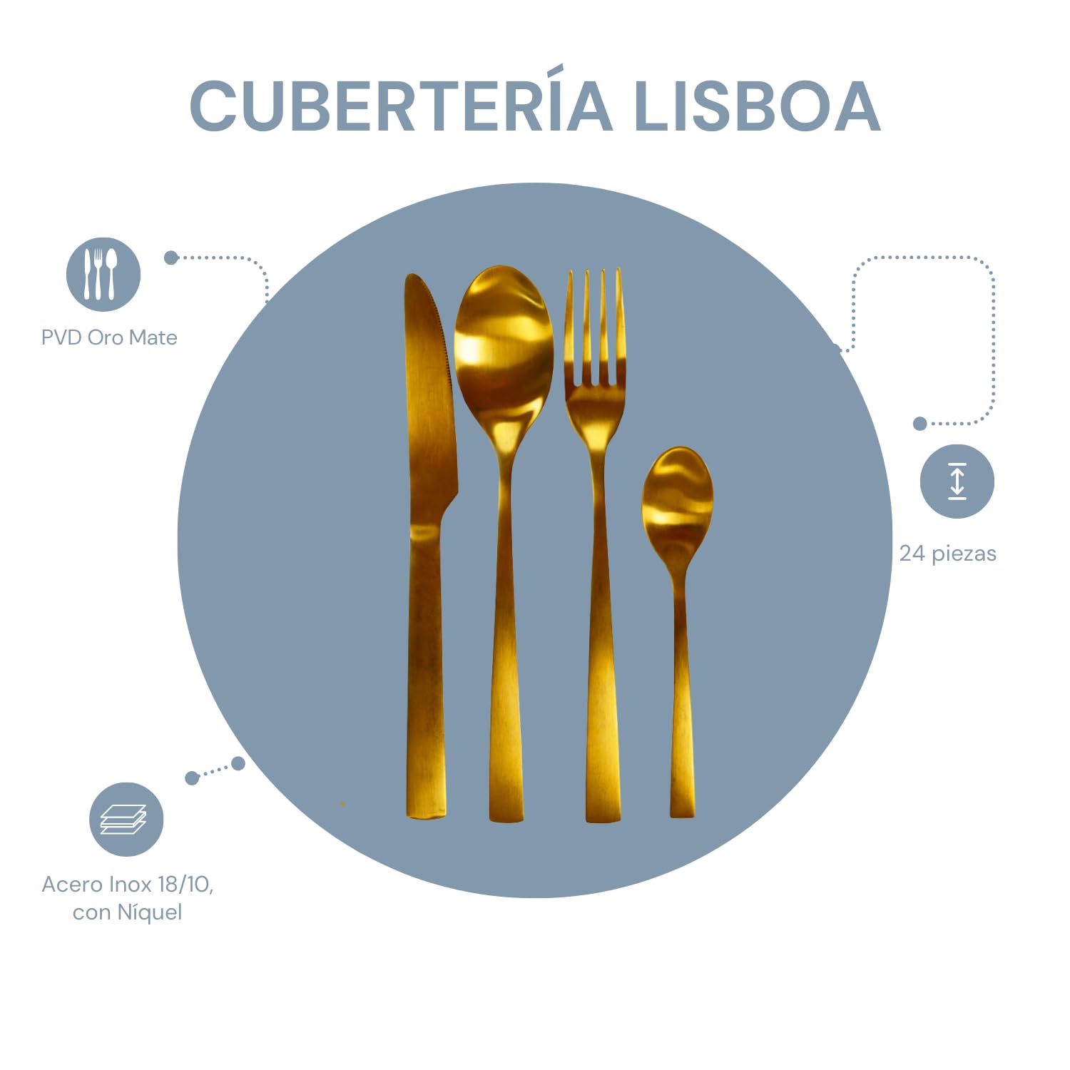 EME Juego Cubertería Lisboa Oro 18/10 Juego fabricado en Acero Inoxidable 18/10 en color PVD Oro Satinado. Cubertería compuesta por 24 piezas con un bonito acabado satinado.