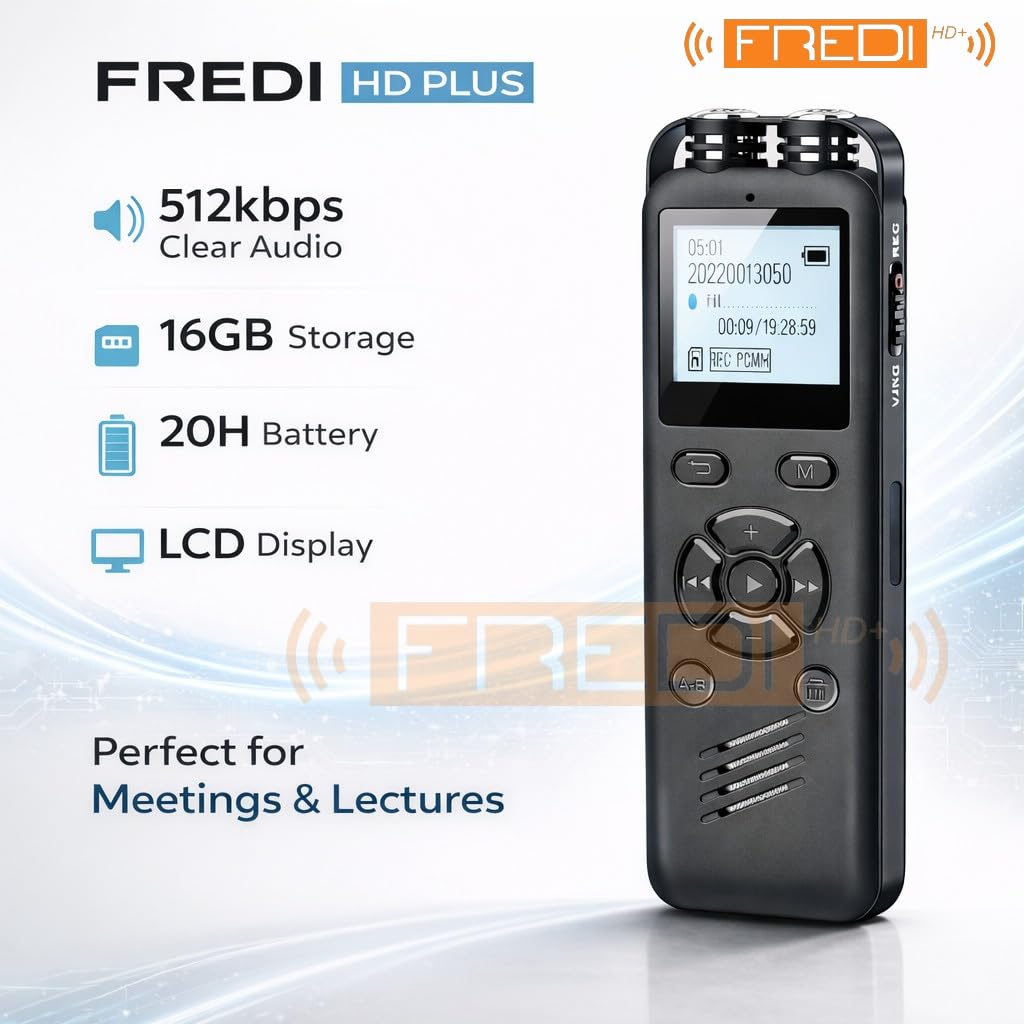 FREDI HD PLUS Voice Recorder 16GB Digital Audio Recorder with LCD Display, 512kbps Clear Recording, 69H Storage, MP3/WAV Playback, USB Portable Device for Lectures Meetings Interviews 1