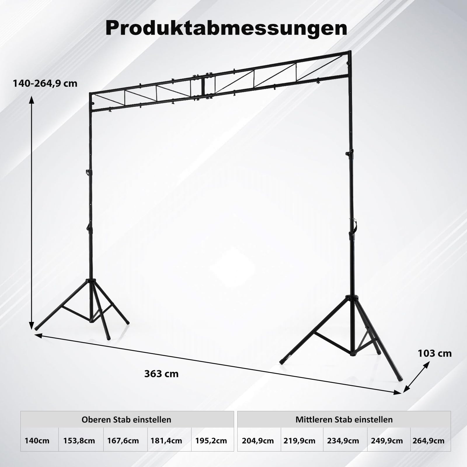 HOMASIS 360 cm Beleuchtungsstativ, DJ-Lichtstativ aus Metall, DJ Licht Stativ höhenverstellbar 140-265cm, Lichtbrücke mit 2 abnehmbaren faltbaren Ständern, Lampenstativ für Bühne, Partys & Konzerte