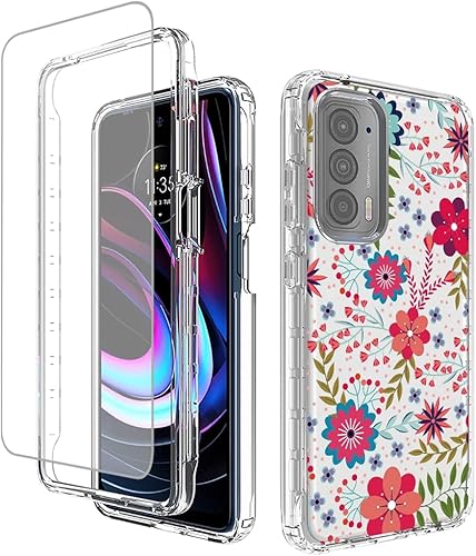 Funda para Moto Edge 2021, Moto Edge 5G UW con protector de pantalla de vidrio templado, funda protectora de TPU transparente floral a prueba de