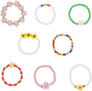 Boho Colorful Beaded Rings Set for Women Girls - Adjustable Stackable Handmade Daisy Flower Jewelry, Summer Beach Trendy Gift