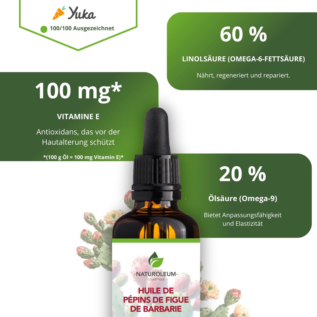 Bio Kaktusfeigenkernöl, 50 ml – Pipette – Glasflasche – 100% rein, natürlich, kaltgepresst – Bio-Kaktusfeigenöl, Anti-Aging und Anti-Augenringe