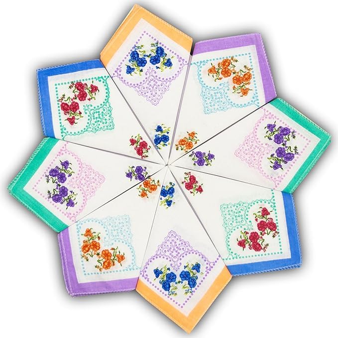 JH Retreat 100% Pure Cotton Multicolor Floral Pattern Handkerchiefs | Set of Hankies for Women, Soft & Reusable, 25 x 25 cm-image-48