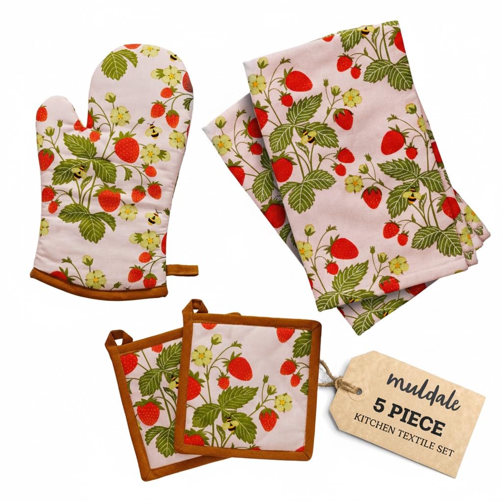 Muldale Oven Glove and Tea Towel Set 5 Pack - Somerset Strawberry Tea Towels and Pot Holders for Kitchen - Cute Strawberry Kitchen Decor - Soft and Absorbent - Kitchen Mittens