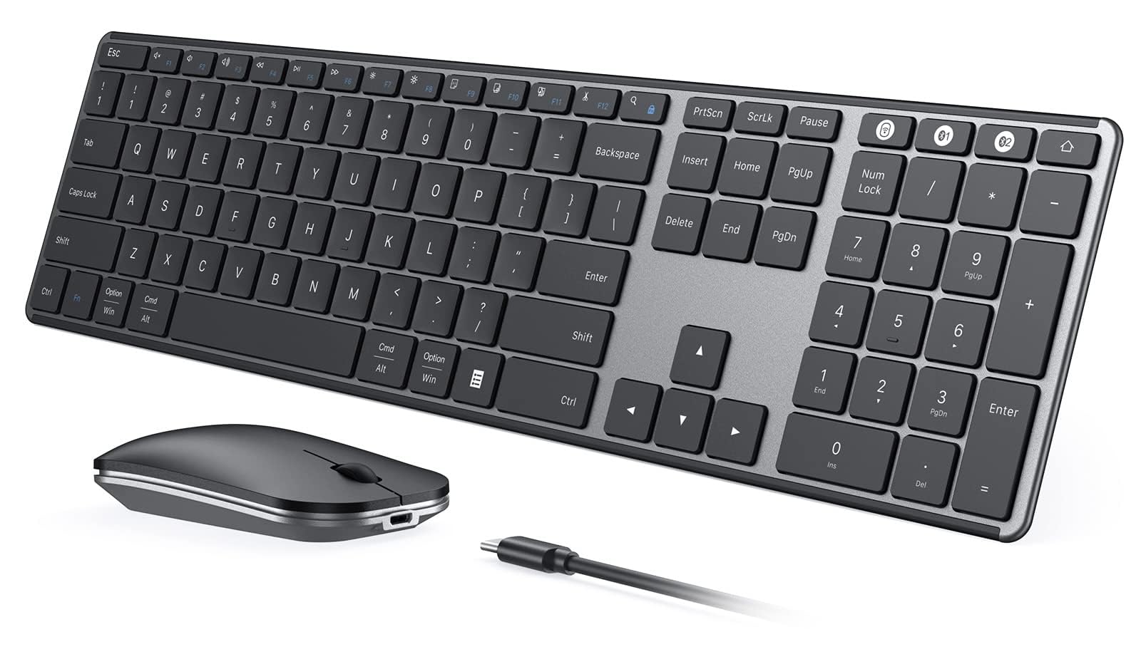 seenda wireless bluetooth keyboard and mouse combo, skm64-3 rechargeable slim quiet keyboard mouse, 3 multi-device connection, compatible for windows, mac, macbook, ipad, tablet, black gray