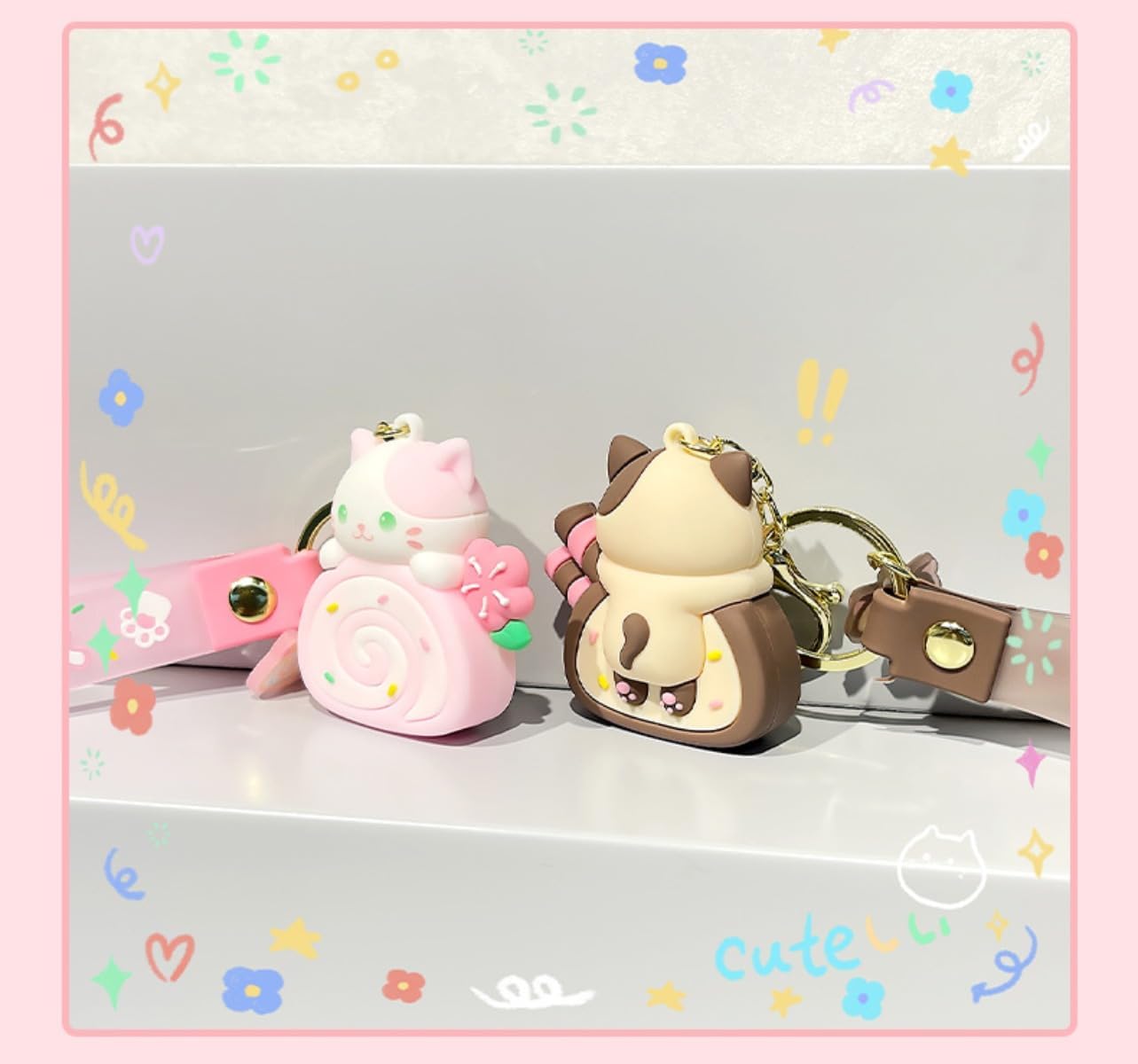 Girls Women Beautiful Lovely Cute Holding Cake Roll Roast Cat Keychain Key Ring Key Chain Gift for lovers - Image 6