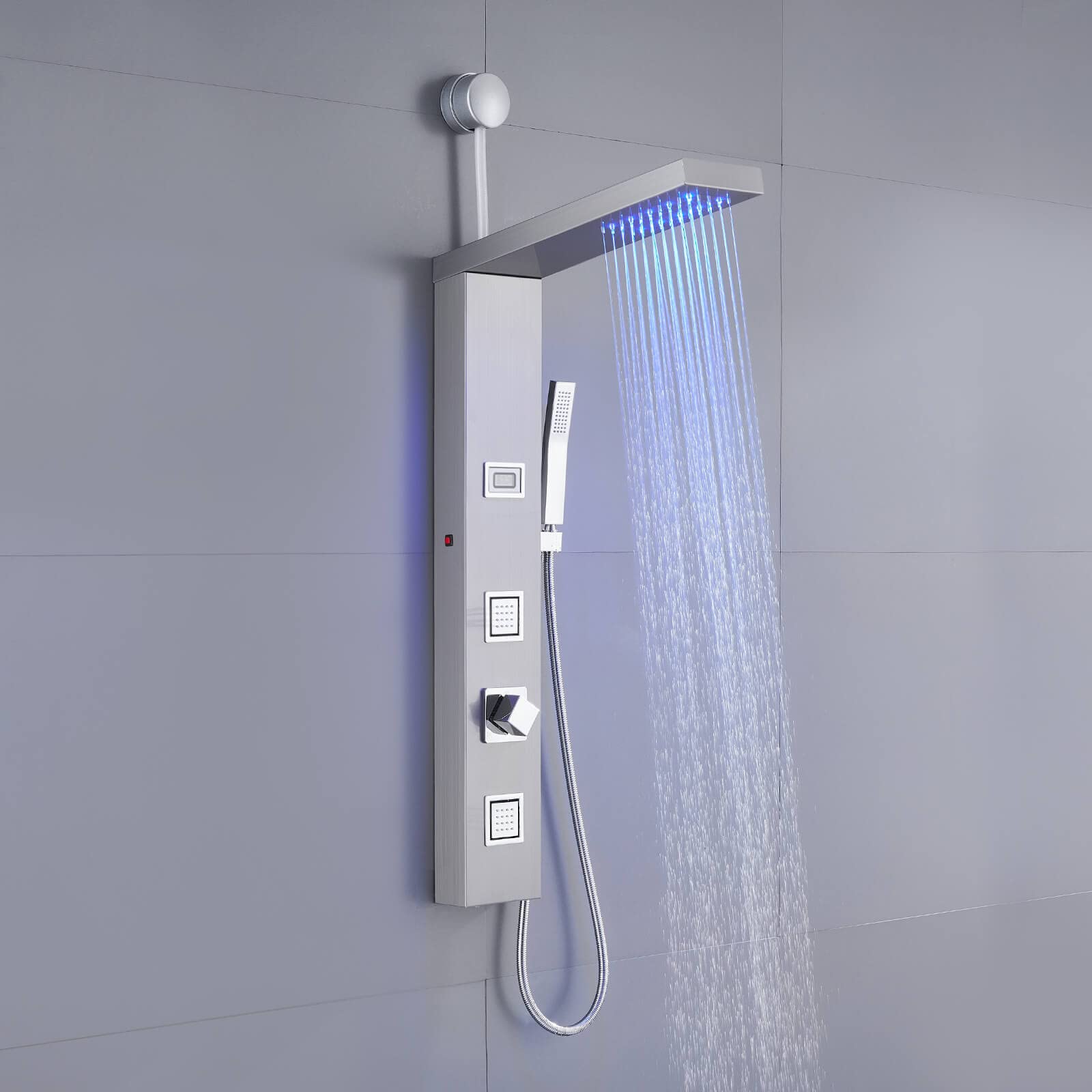 Photo 1 of ROVOGO Retrofit Shower Panel Tower System with LED Lights Rain Shower, 2 Body Jets, Handheld and Temperature Display, Easy Connect Shower Column 304 Stainless Steel for Retro-Fit & Remodel, Brushed