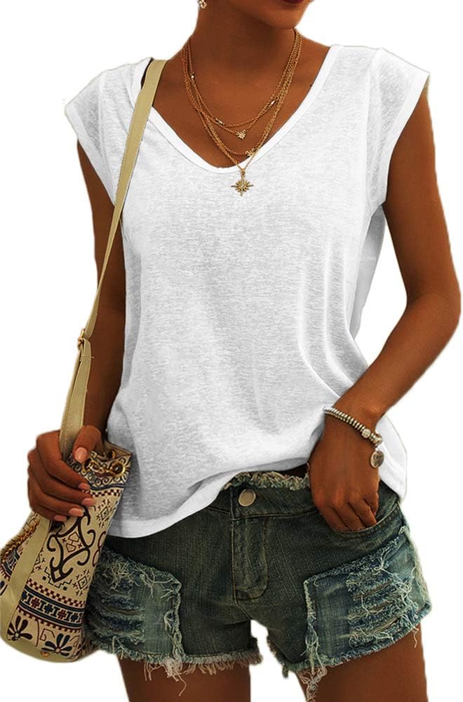 Womens Cap Sleeve Blouses T-Shirt Casual Loose Fit Basic Shirts Tank Tops