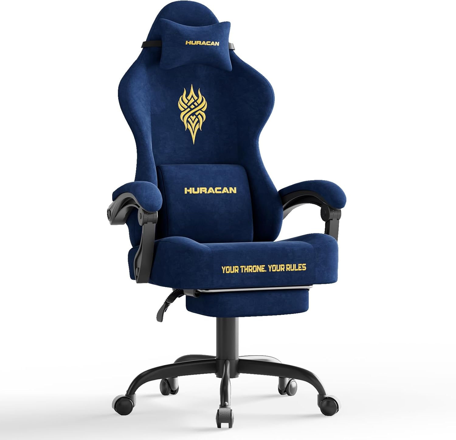 Ferghana Velvet Fabric Gaming Chair with 20.5″ Wider Seat Cushion, Fire Embroidery Ergonomic High Back Game Chair with Footrest, Computer Chair with Massage Lumbar Support for Adult, Navy