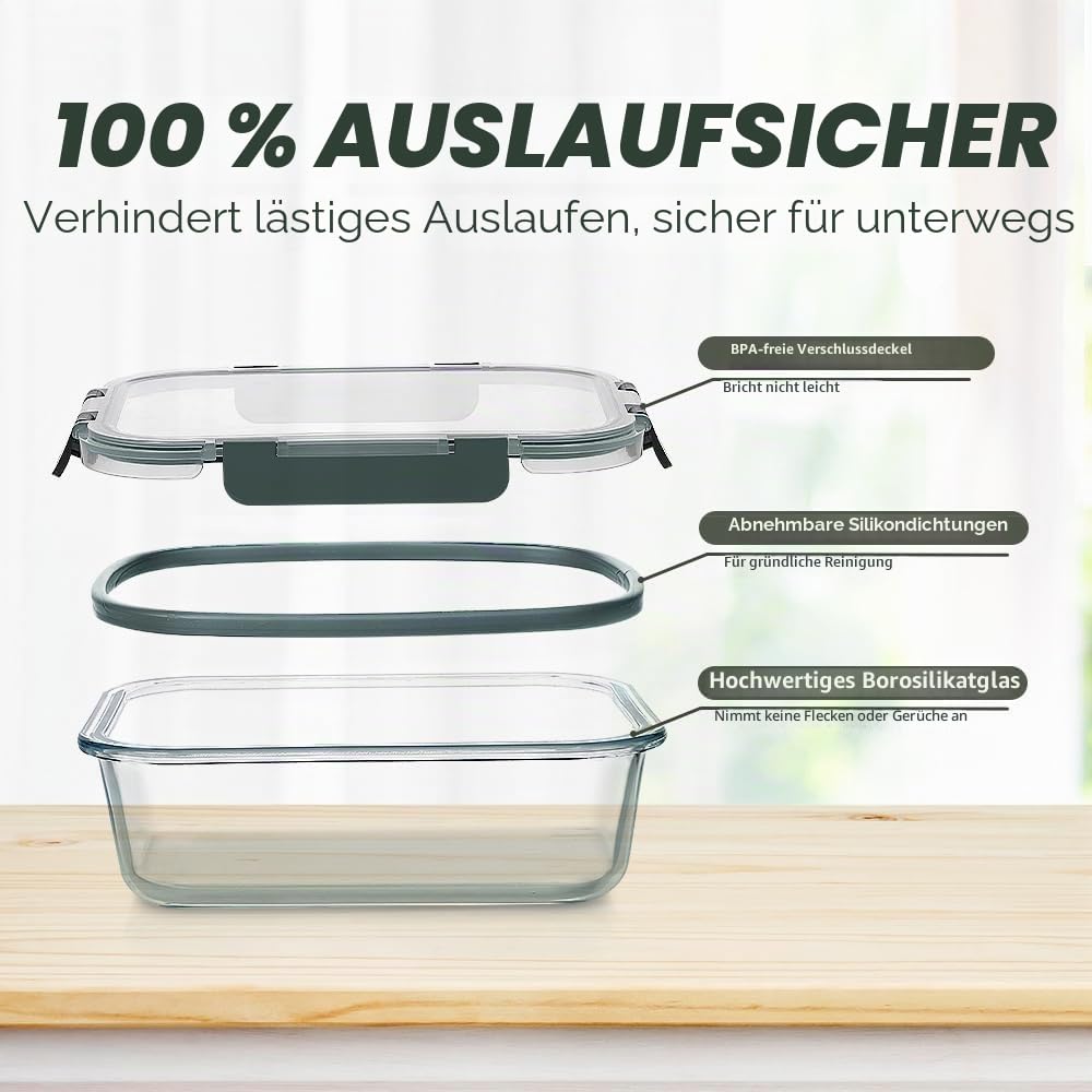 VERONES 12 Stück Glas Crisper Seet, Luftdichte Glas-Lunchboxen, Stapelbar Mit Deckel, Gefrier- und Spülmaschinenfest, Grau