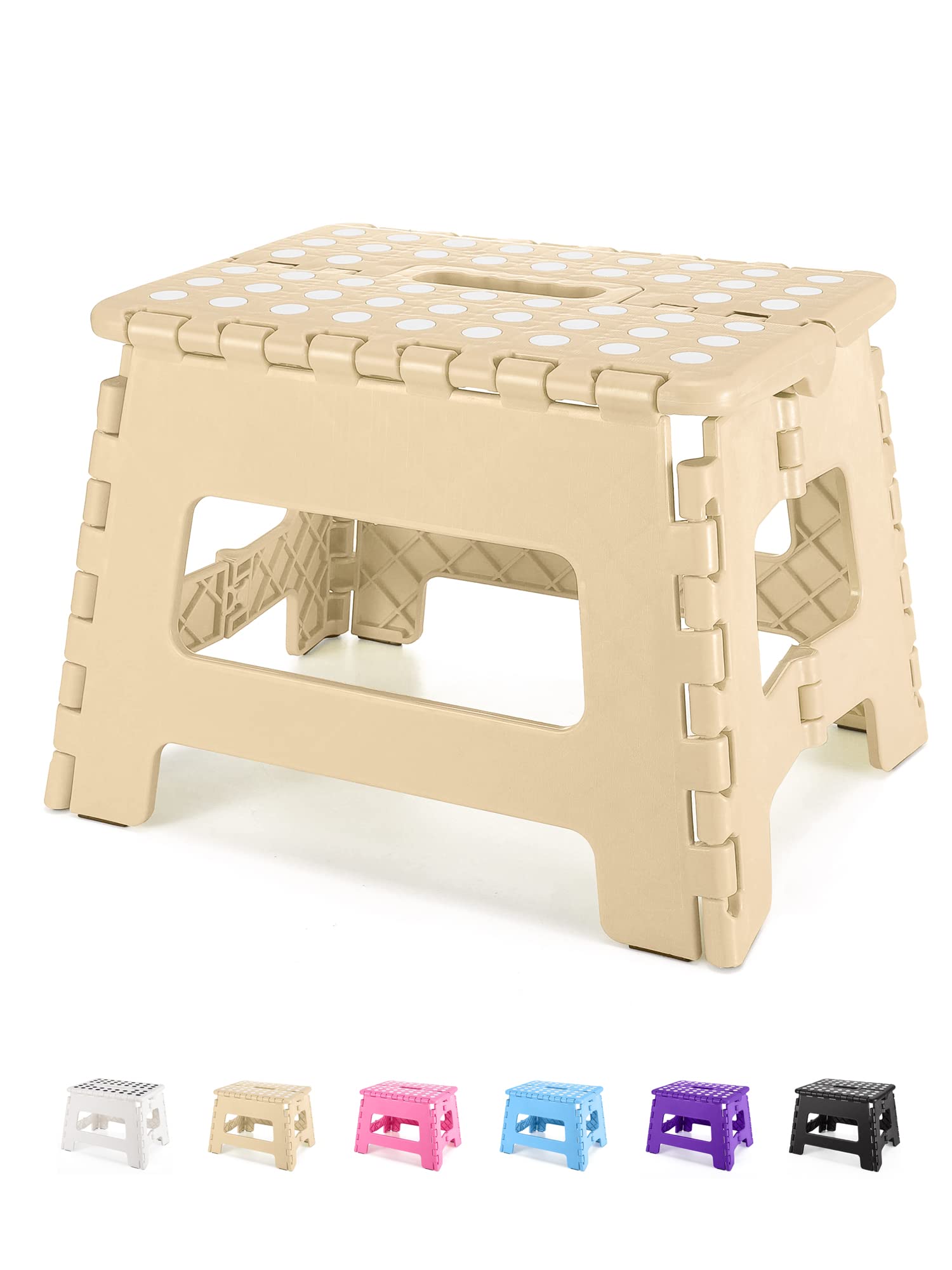 Dyforce Non-Slip Folding Step Stool - 9 inch Height Heavy Duty Foldable Stool for Adults Kids, Small Step Stool Camping Stepping Stool - Khaki