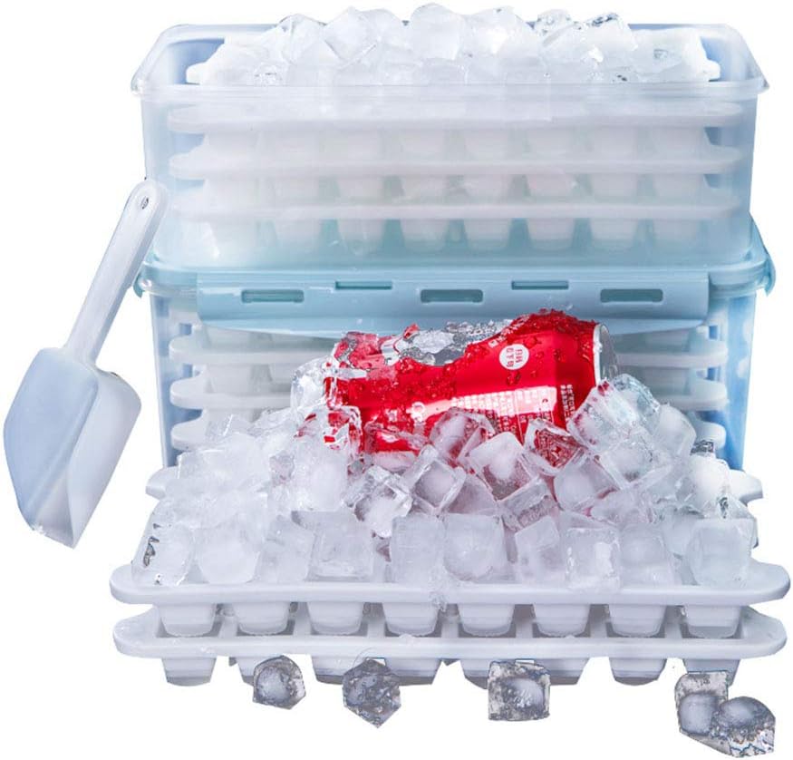 Ice Cube Trays 4 Pack with Ice Cube Trays Storage Container Box, Ice Cube Mold in Silicone Soft Bottom Easy Release 128-Cubes with Ice Scoop BPA Free, for Cocktail, Freezer, Stackable Ice Trays