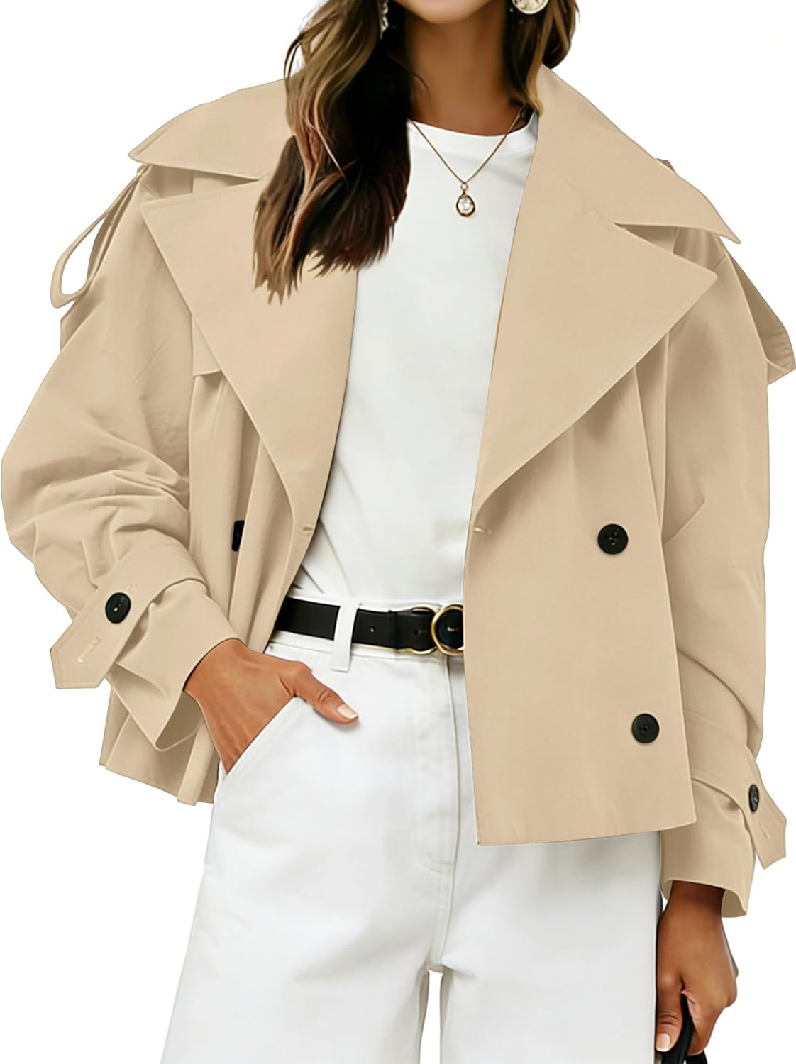 Muchpow Womens Cropped Trench Coat Casual Double Breasted Work Office Short Crop Coats Jacket with Belt
