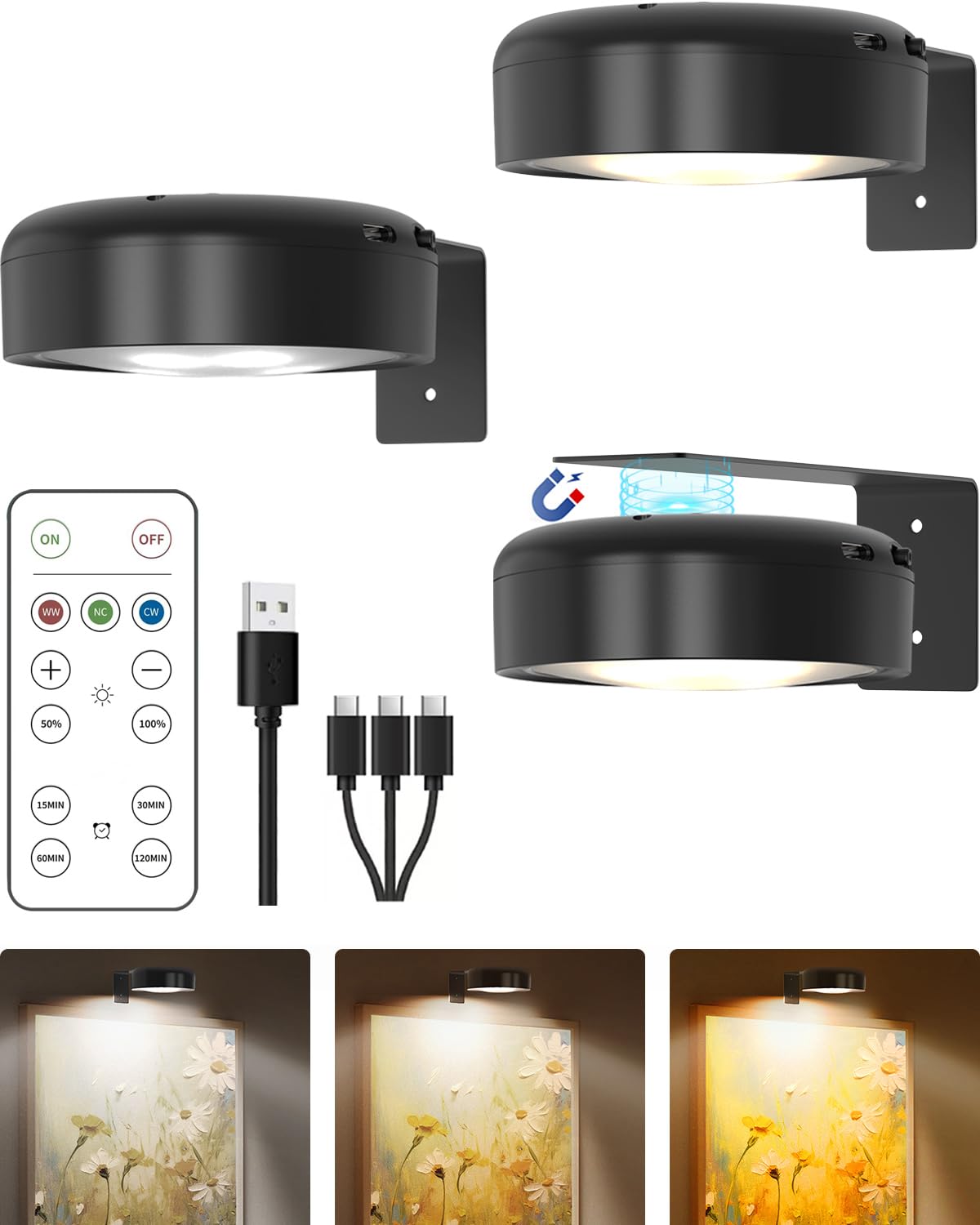 UNIWA Picture Light for Wall Lights,3-Pack Rechargeable Battery Operated LED Puck Lights,3 Lighting Display Magnetic Lamp for Frame Painting,Dimmable Timer Wireless Wall Sconce for Living Room Decor