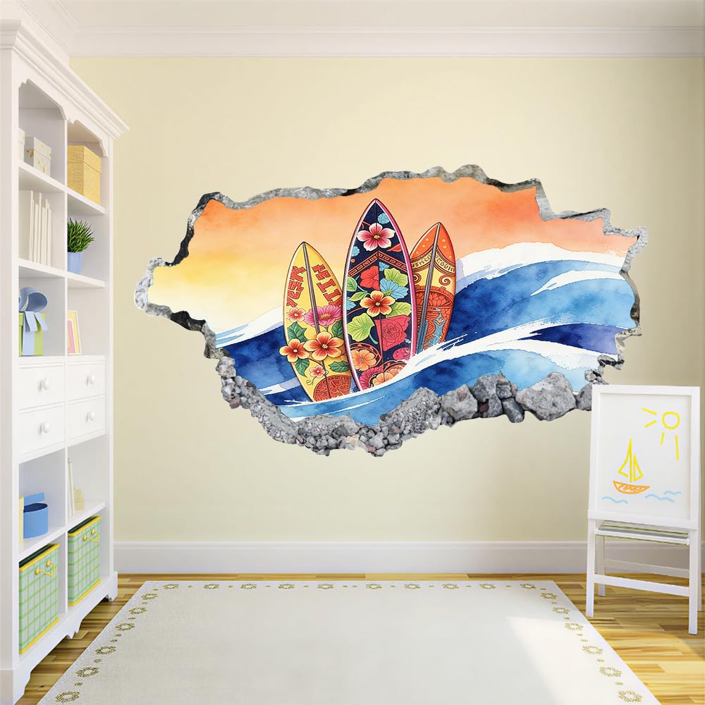3D Wandaufkleber, Surfbrettblume Durchbruch Wandtattoos Deko Wand Selbstklebend Blaue Wellen, Wand Aufkleber Wanddurchbruch Wandsticker für Zuhause, Badezimmer, Schlafzimmer, Wohnzimmer