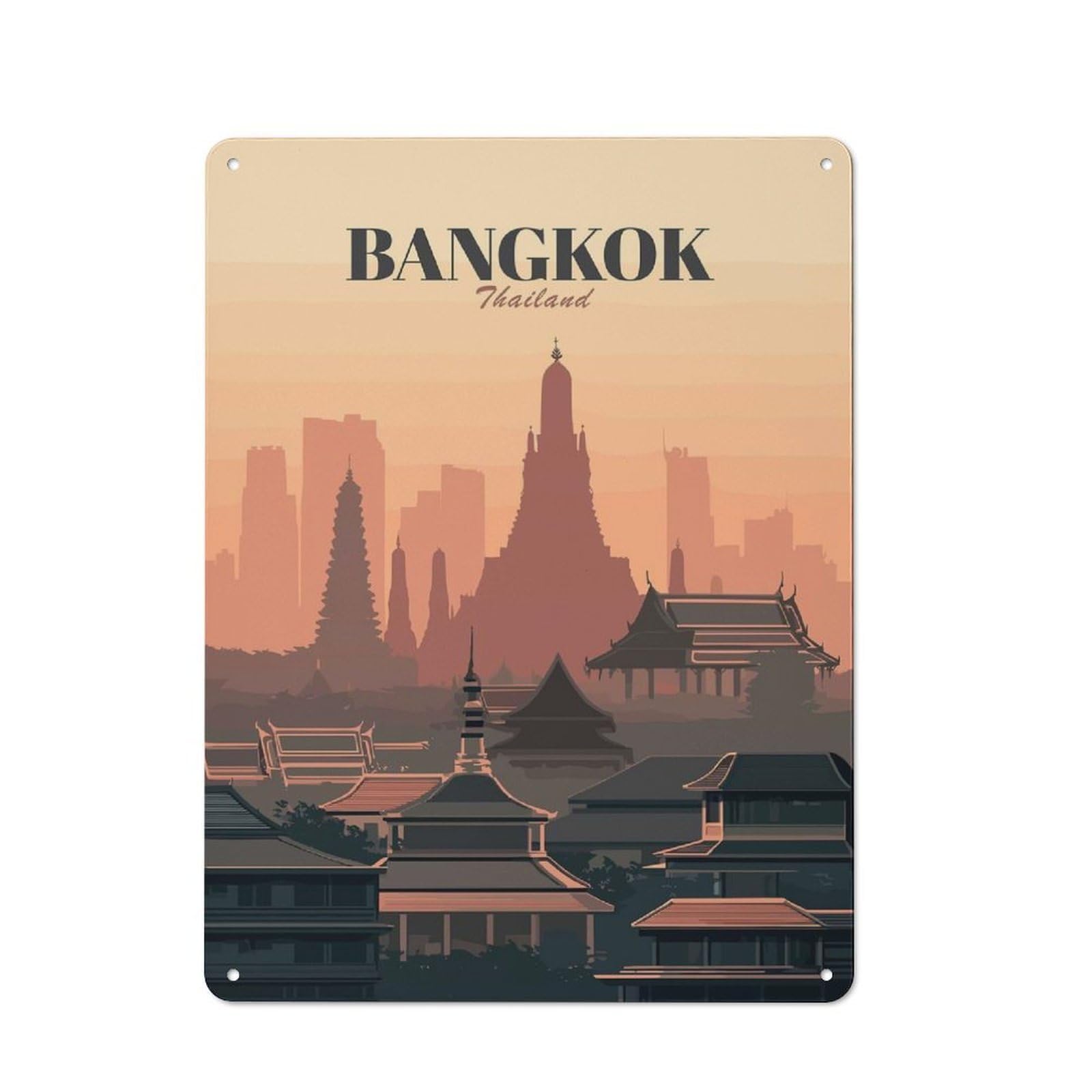 Tin Sign with Bangkok Thailand Skyline Illustration Design 40x30cm, Understated Studio Wall Plaque for Hobby Room, Office, Lounge Or Living Room