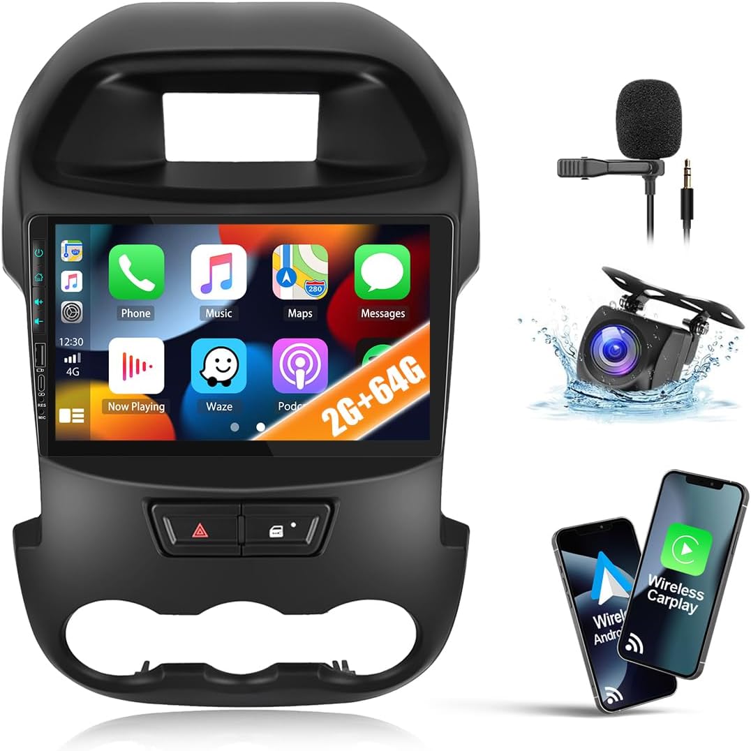 2G + 64G CAEMCHO Android 13 autoradio voor Ford Ranger PX 2011-2015 met Navi Carplay Android Auto, 9 inch auto radio touch display met Mirror Link RDS FM Bluetooth + achteruitrijcamera