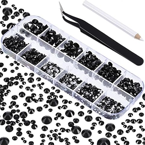 2000 Pieces Flat Back Gems Round Crystal Rhinestones 6 Sizes (1.5-6 mm) with Pick Up Tweezer and Rhinestones Picking Pen for Crafts Nail Face Art Clothes Shoes Bags DIY (Black) Cover