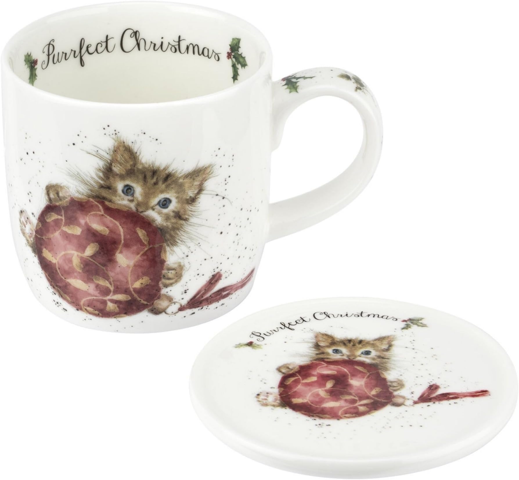 Purrfect Christmas Mug & Coaster Set - 11 oz Fine Bone China Holiday Mug Set with Woodland Creatures - Wrendale Designs Christmas Coffee Mugs, Microwave & Dishwasher Safe