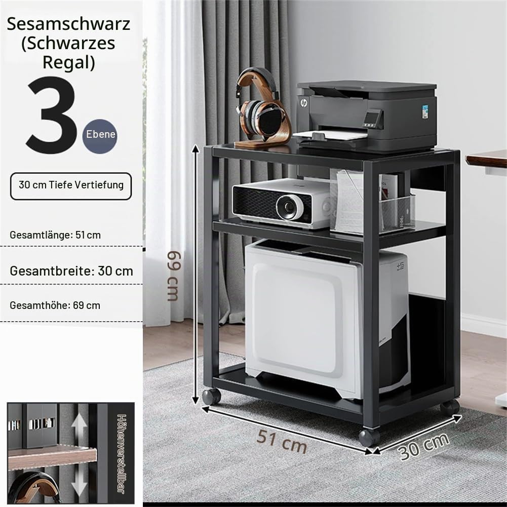 3 Ebenen Computer Tower Ständer, Höhenverstellbarer PC Tower Ständer mit Rollen, PC CPU Stand aus Metall Druckertisch für Wohnzimmer, Schlafzimmer, Arbeitszimmer, Büro,51x30x69cm,Schwarz