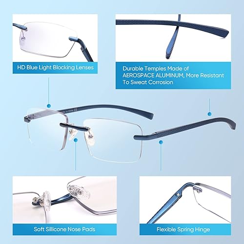 Miniatura 6 de Missfive Anteojos de lectura progresivos multienfoque de aluminio de alta calidad para hombre, bloqueo de luz azul, bisagra de resorte sin línea,