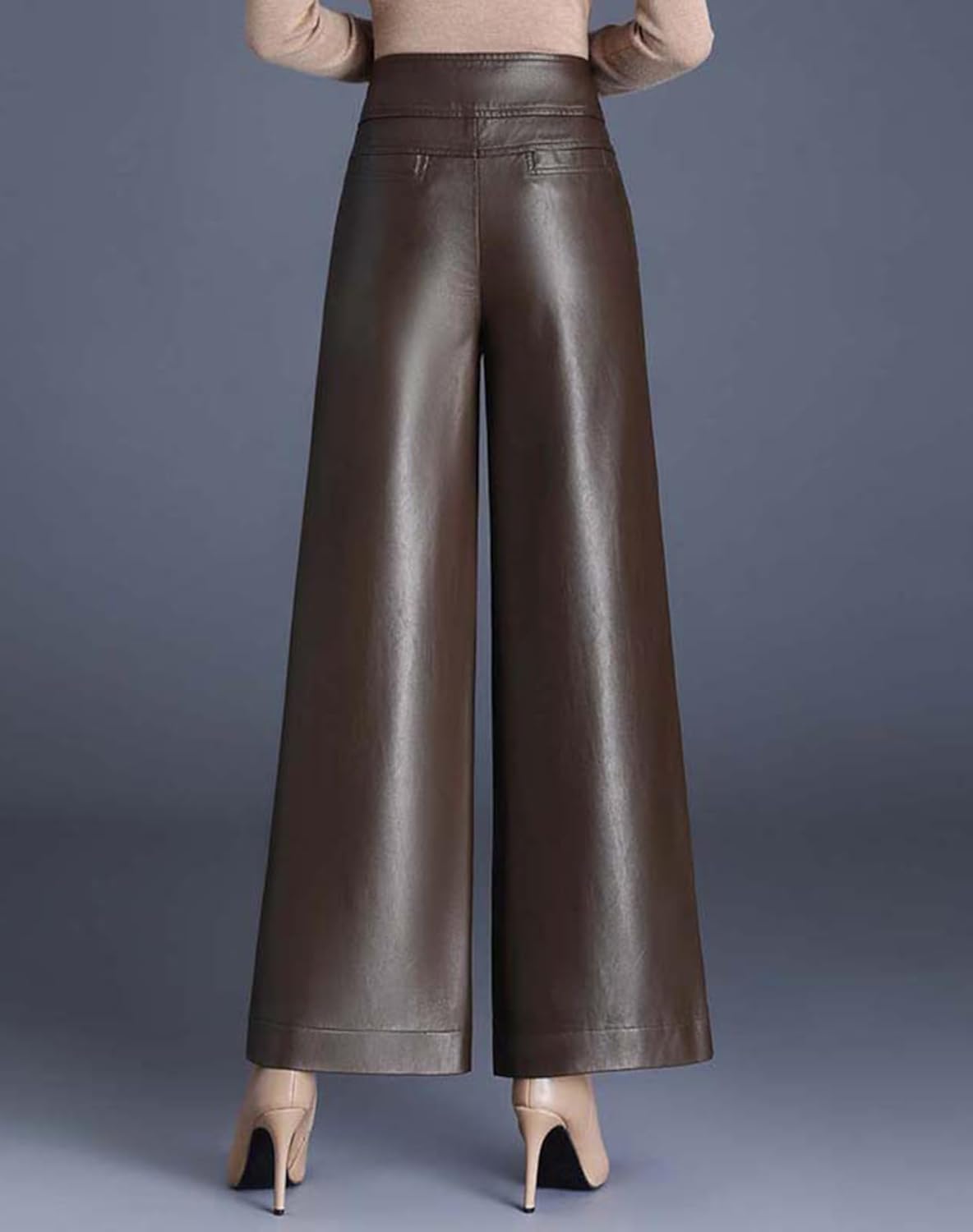 HaoMay Women's High Waist Wide Leg PU Faux Leather Cropped Pants Culottes - Image 2
