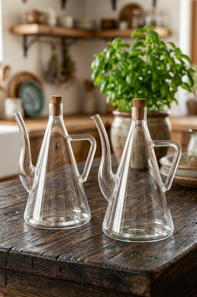 Atbyhome 2'li Isıya Dayanıklı Borosilikat Cam 500 ml Mantar Tıpa Yağlık Sirkelik