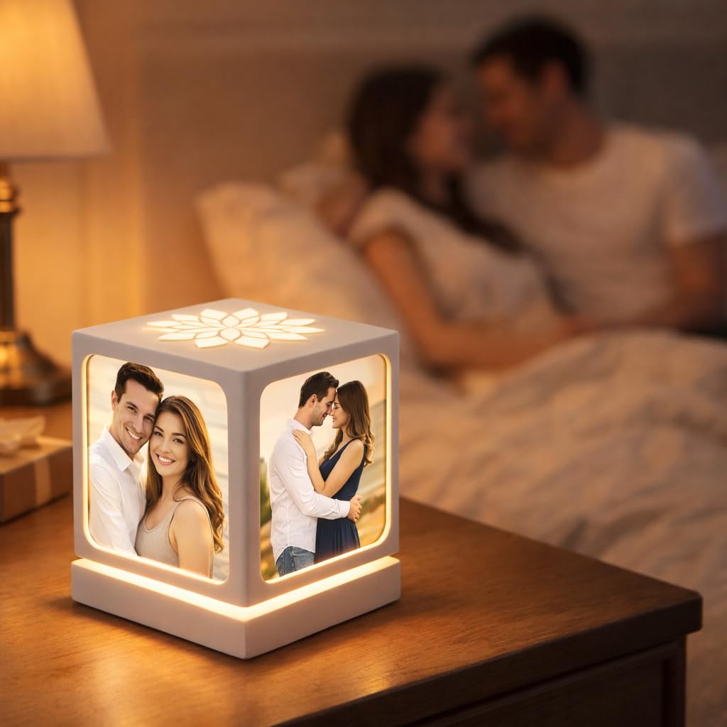 ZOCI VOCI Lámpara fotográfica giratoria con 4 fotos, NOSTALGIA FLORA - Regalos personalizados para marido y mujer (Blanco) | Lámpara de mesa personalizada, 4 fotos, regalos de aniversario para parejas, regalos románticos