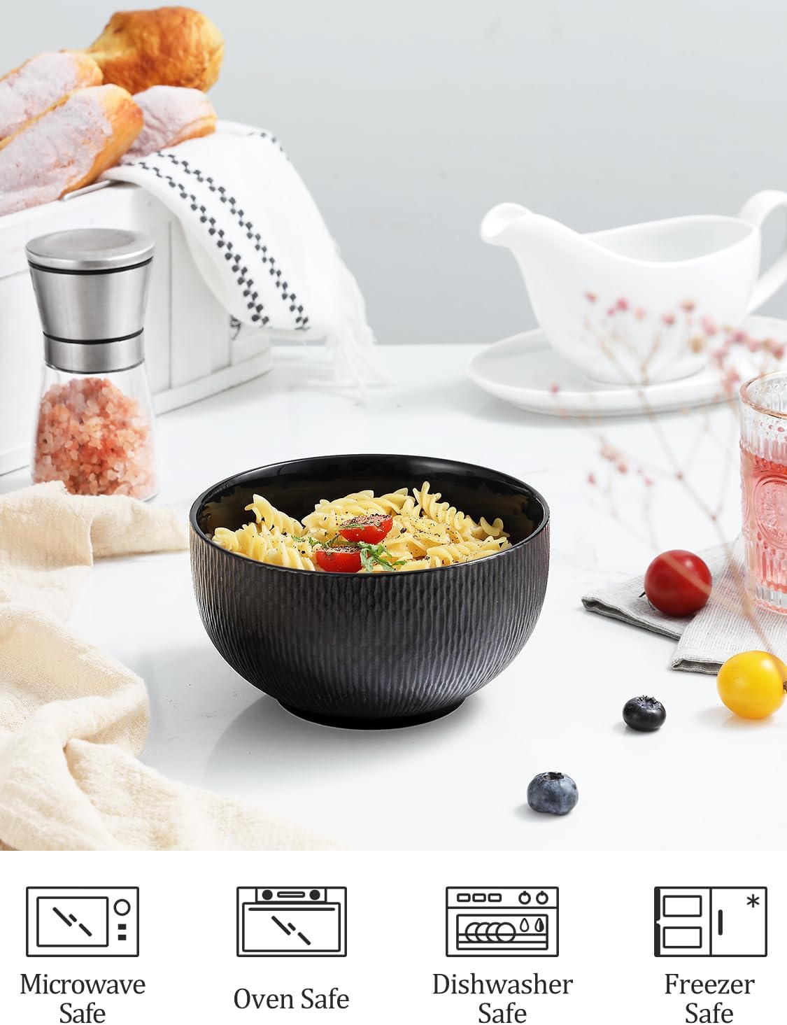 Yedio Black Ceramic Bowls Set of 4, 38 oz Porcelain Large Bowl for Kitchen, Cereal, Soup, Dessert, Rice, Snack, Fruits, Ice Cream, Noodle,Breakfast, Microwave Dishwasher Freezer Oven Safe - Image 3