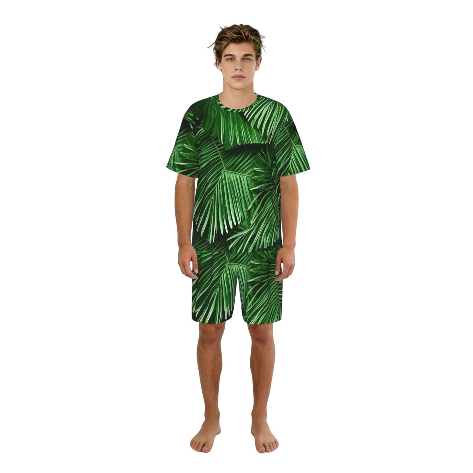 Bonito conjunto de pijama clásico con estampado de hojas de palma verde para hombre, pantalones cortos de pijama suaves para hombre, perfecto para las noches de verano