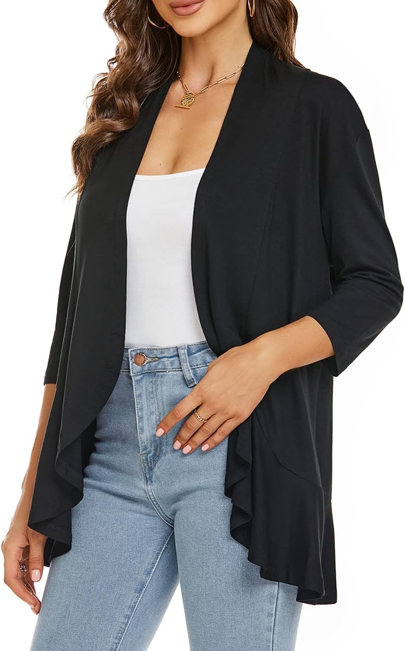 Women Autumn Cardigan Solid Color Summer Casual Lightweight Cover ups 3/4 Sleeve Open Front Draped Ruffles Spring Top - Image 3